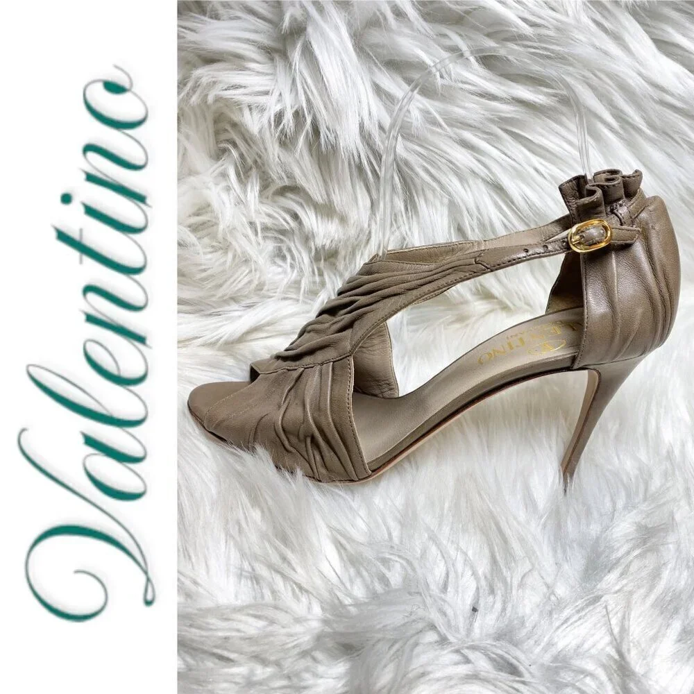 VALENTINO Vintage Taupe Leather Ruffle Accent Open Toe Stiletto Heels, Size 38.5